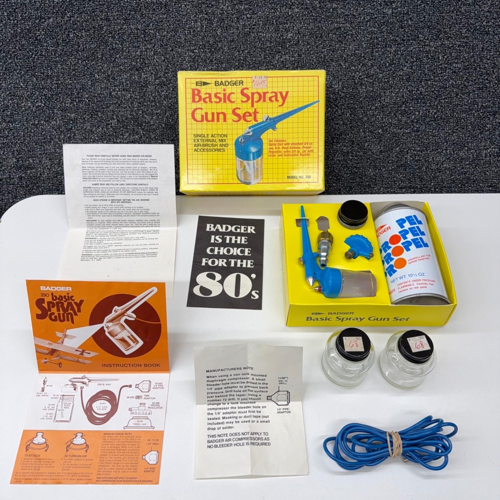 Badger Model 250 Basic Spray Gun Set Vintage Single Action Airbrush Blue Kit